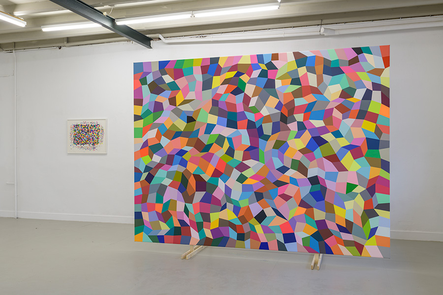 Installation view Club Solo, first floor, 2018 with<br /> 
left: 'sketch for Somebody gotta do it (we're not in here)', acrylics,pantone chips,pencil on paper, 2004 <br />
right: 'Somebody's gotta do it (we're not in here)', acrylics on canvas, 240 x 320 cm., 2004 - Click image to continue.